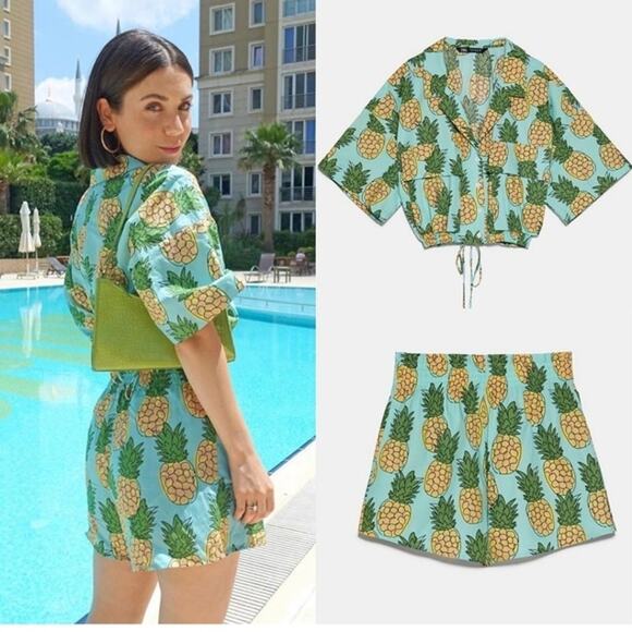 Zara Pineapple Cropped Top & Shorts Set Womens Small & Medium Tropical Beachy - Picture 4 of 16